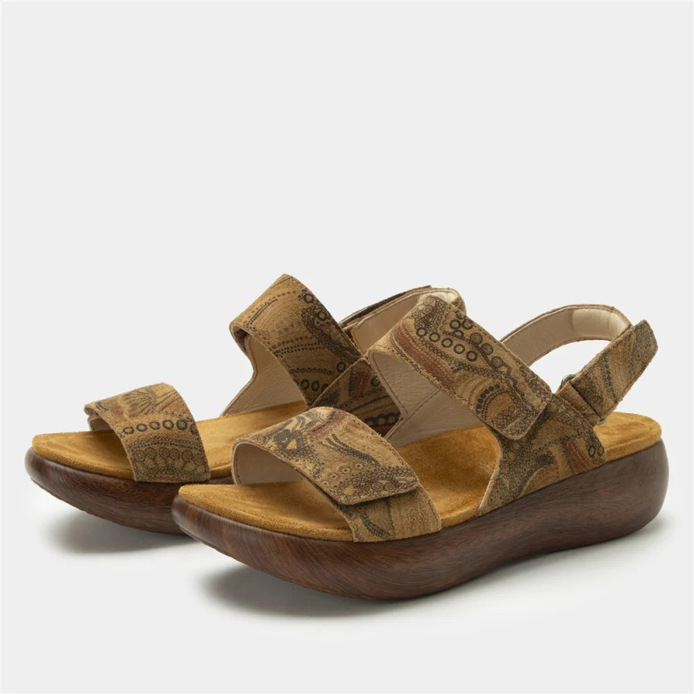 Alegria women's Bailee slingback sandal in brown Folkie print leather with rocker outsole, microsuede footbed, and three adjustable straps for comfort and support.