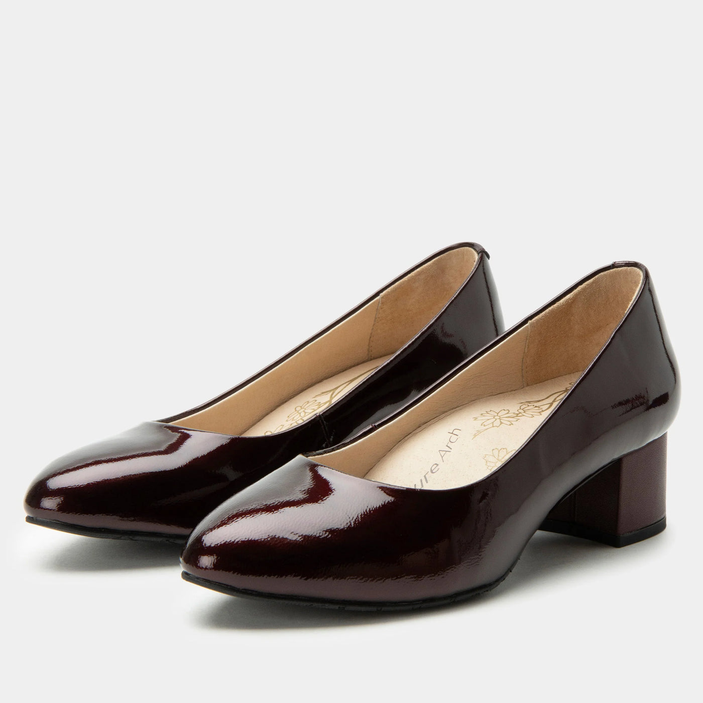 Alegria Lisah women’s pumps in glossy burgundy leather with 1.75'' block heel, cushioned arch-support footbed, and slip-resistant outsole for stylish comfort.