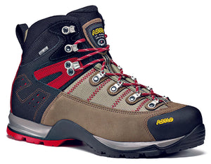 Asolo men's Fugitive GTX hiking boot in wool black with red accents, featuring water-resistant suede and nylon upper, Gore-Tex lining, rugged outsole, and reinforced toe for trail durability.