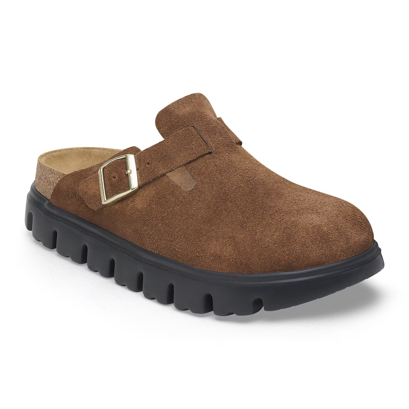 Birkenstock Boston Chunky clog in dark tea suede with a gold buckle and a black chunky sole for a bold look.