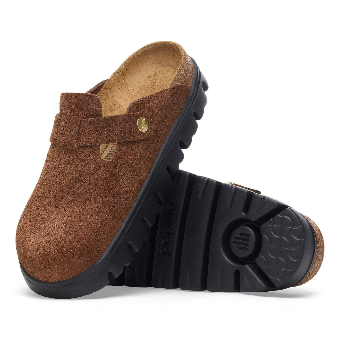 Birkenstock Boston Chunky clog in dark tea suede with a gold buckle and a black chunky sole for a bold look