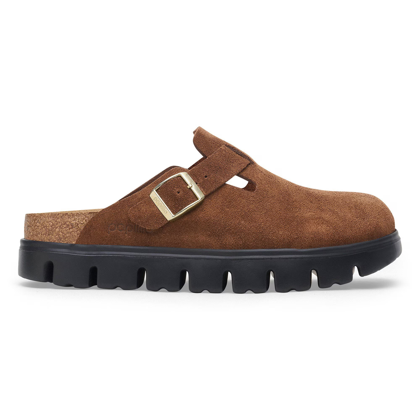 Side view of  Birkenstock Boston Chunky clog in dark tea suede with a gold buckle and a black chunky sole for a bold look