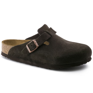 Side view of a Birkenstock Boston clog in mocha suede with an adjustable strap featuring a metal buckle, soft footbed, and cork-latex sole for comfort and support.