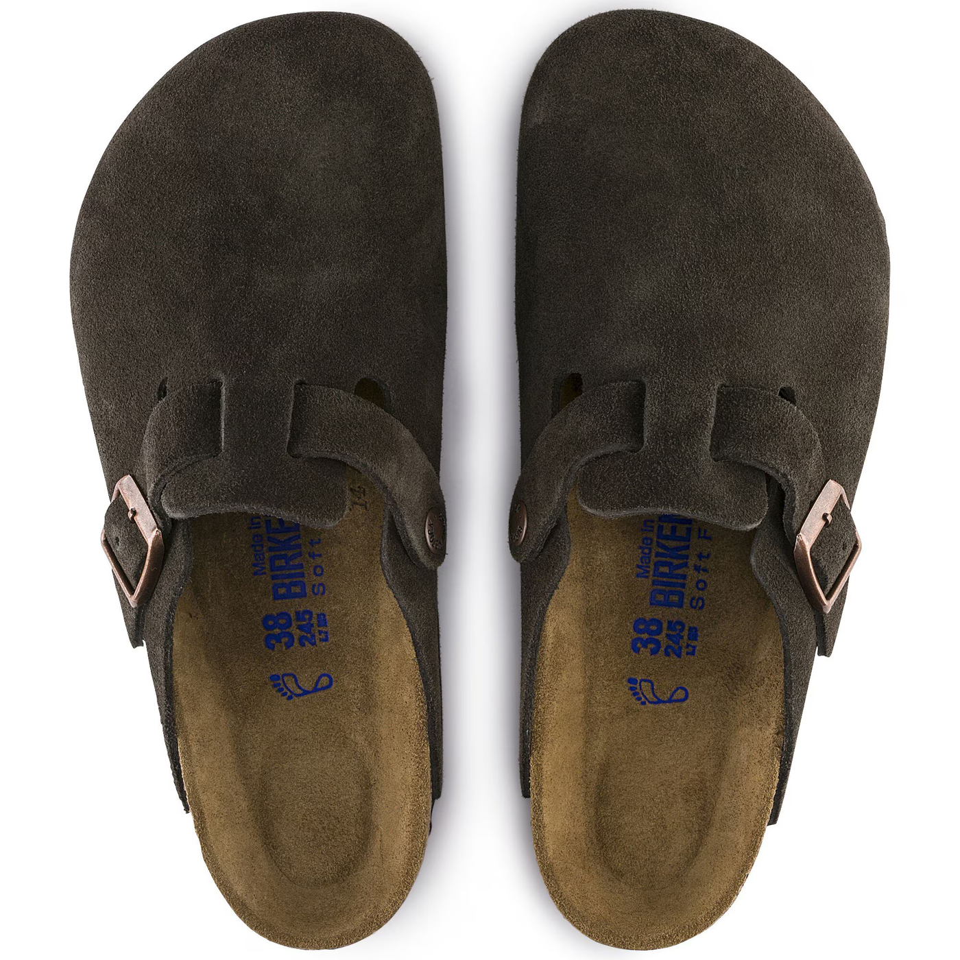 Top view of a Birkenstock Boston clog in mocha suede with an adjustable strap featuring a metal buckle, soft footbed, and cork-latex sole for comfort and support.