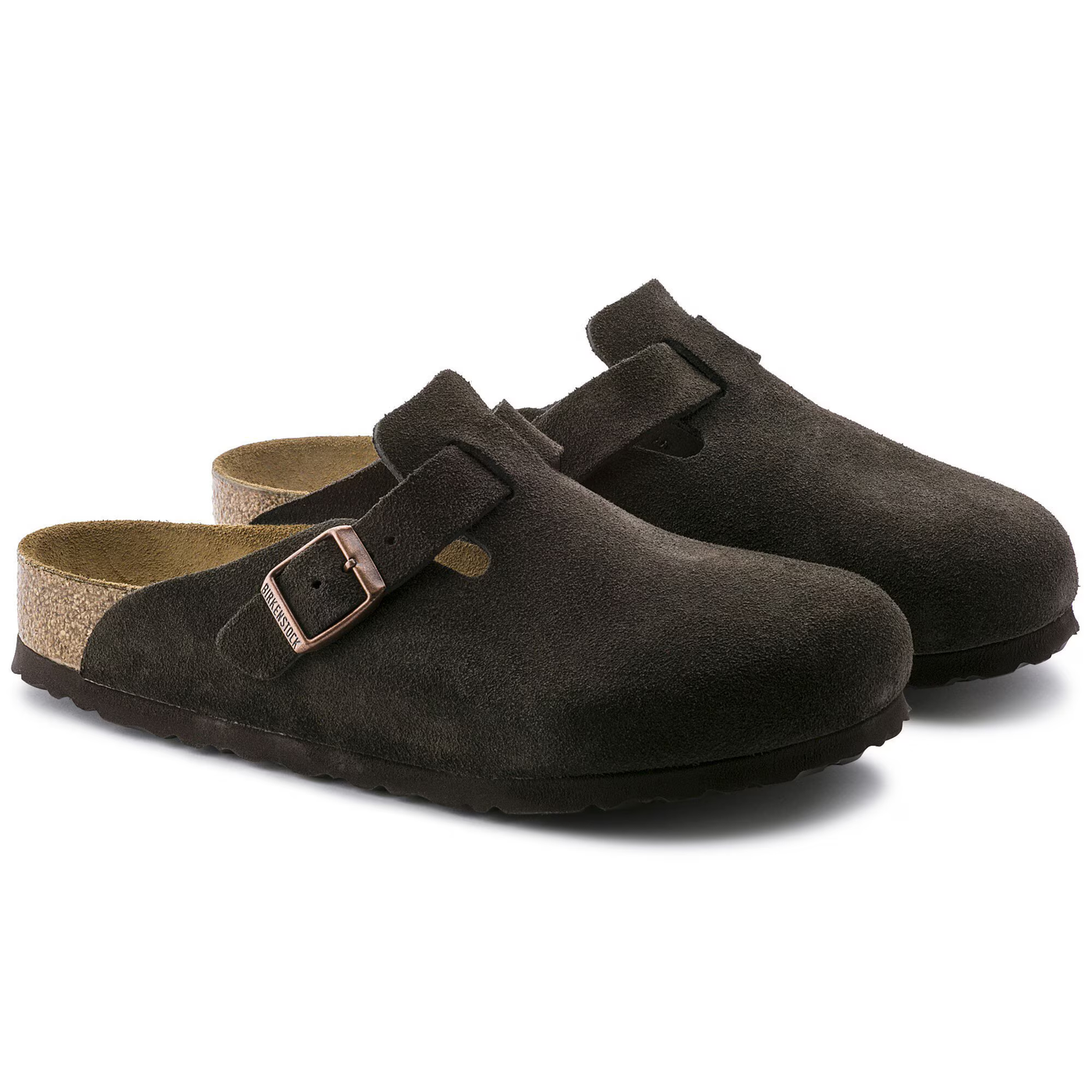 Side view of a Birkenstock Boston clog in mocha suede with an adjustable strap featuring a metal buckle, soft footbed, and cork-latex sole for comfort and support.