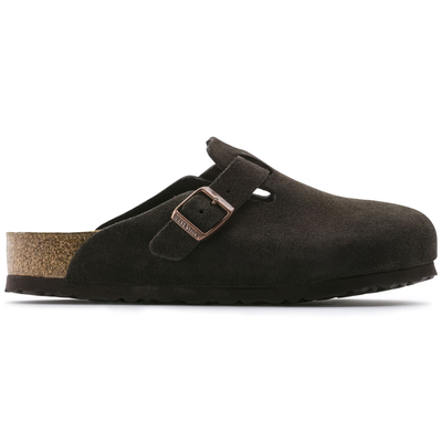 Side view of a Birkenstock Boston clog in mocha suede with an adjustable strap featuring a metal buckle, soft footbed, and cork-latex sole for comfort and support.