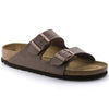 Birkenstock Arizona sandal in Mocha Birkibuc with two adjustable straps, cork-latex footbed, suede lining, and EVA sole.