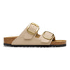 Birkenstock Arizona Big Buckle sandals in sandcastle beige with two adjustable straps, oversized metal buckles, and cork-latex footbed for classic comfort