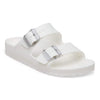 Birkenstock Arizona Essentials women’s sandal in white EVA with two adjustable translucent buckle straps, contoured supportive footbed, and lightweight waterproof design perfect for pool, beach, or casual wear.