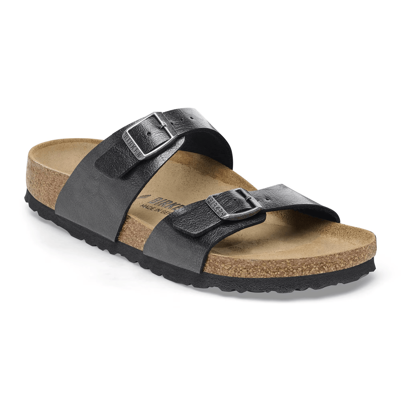 Birkenstock Sydney sandal in black Birko-Flor® with two slim adjustable straps, metal buckles, cork footbed, and EVA sole for lightweight comfort and support.