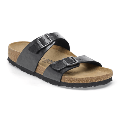 Birkenstock Sydney sandal in black Birko-Flor® with two slim adjustable straps, metal buckles, cork footbed, and EVA sole for lightweight comfort and support.