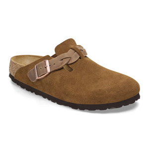 Birkenstock Boston clog in mink suede featuring a braided strap, metal buckle, and cork-latex cushioned sole