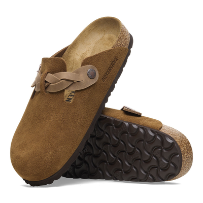 Birkenstock Boston clog in mink suede featuring a braided strap, metal buckle, and cork-latex cushioned sole.