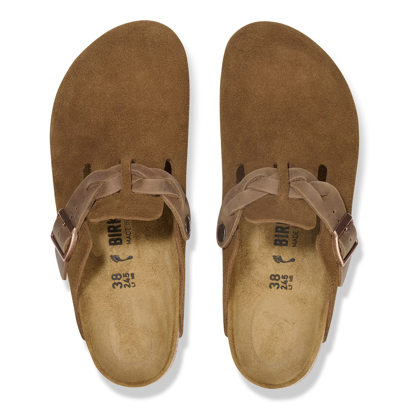 Top view of Birkenstock Boston clogs in mink suede with braided straps, metal buckles, and cork-latex footbeds.