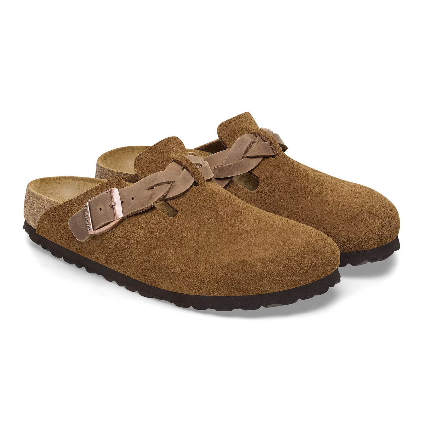 Side view of Birkenstock Boston clogs in mink suede with braided straps, metal buckles, and cork-latex footbeds.