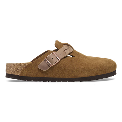 Side view of Birkenstock Boston clogs in mink suede with braided straps, metal buckles, and cork-latex footbeds.