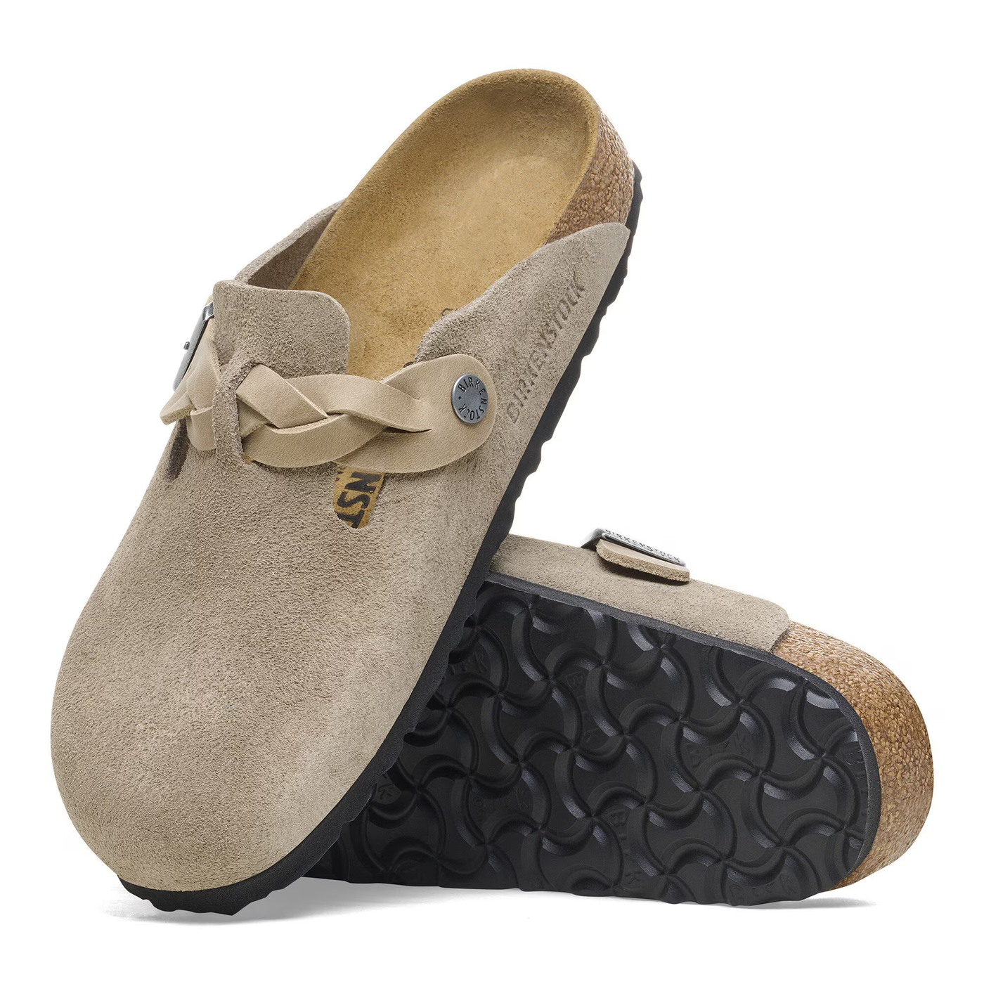 Birkenstock Boston clogs in taupe suede with braided straps, cork-latex footbeds, and textured rubber soles