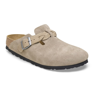 Birkenstock Boston clogs in taupe suede with braided straps, cork-latex footbeds, and textured rubber soles.