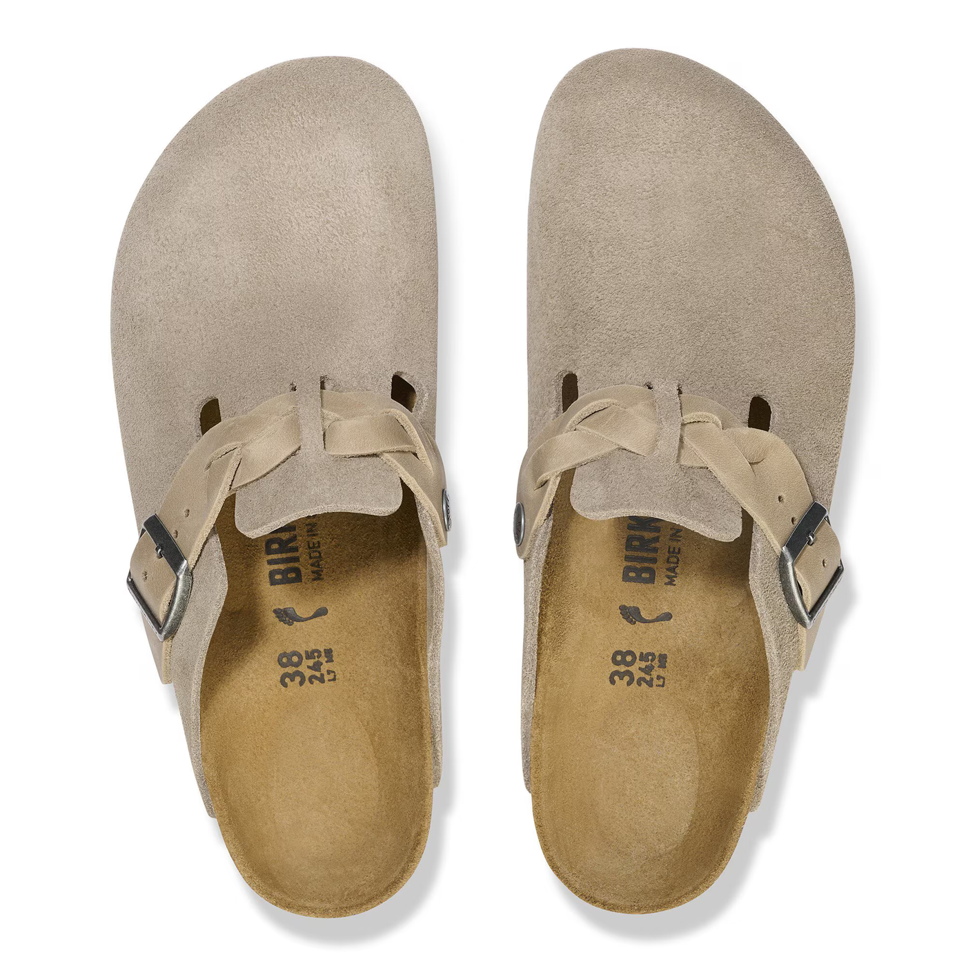 Birkenstock Boston clogs in taupe suede with braided straps, cork-latex footbeds, and textured rubber soles.