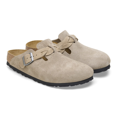 Birkenstock Boston clogs in taupe suede with braided straps, cork-latex footbeds, and textured rubber soles.