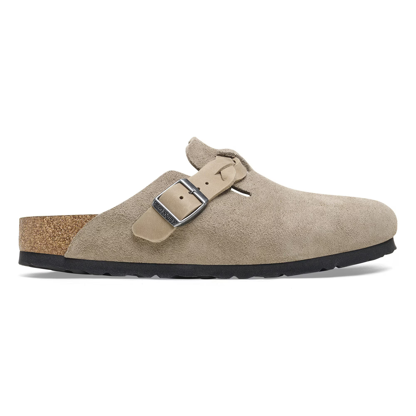 Birkenstock Boston clogs in taupe suede with braided straps, cork-latex footbeds, and textured rubber soles.