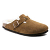 Mink suede Birkenstock Boston Shearling clogs for women with warm shearling lining and contoured cork-latex footbed for comfort.