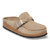 Women’s Birkenstock Buckley clog in taupe suede with braided strap, adjustable metal buckle, and contoured cork footbed.