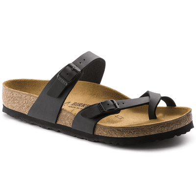 Birkenstock Mayari sandal in black Birko-Flor® with crisscross straps, adjustable buckles, toe loop, and contoured cork footbed for classic support and comfort.