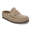 Birkenstock Naples Wrapped women’s suede clog featuring loafer-style stitching, contoured cork-latex footbed, suede lining, and lightweight EVA outsole for comfortable casual wear.