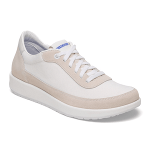 Birkenstock Honnef City women’s sneaker in antique white with textile and suede upper, lace-up design, removable Deep Blue Footbed, and lightweight TPU sole for all-day comfort and support.
