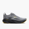Brooks Men’s Adrenaline GTS 25 running shoe in primer grey and ebony with yellow accents and a thick black cushioned midsole, shown from the side.