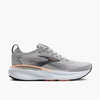 Brooks Women’s Adrenaline GTS 25 running shoe in grey and Blackened Pearl with coral accents and a white cushioned midsole, shown from the side.