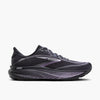 Brooks Women’s Ghost 18 road running shoe in ebony and black with metallic purple accents and a thick cushioned midsole, shown from the side.