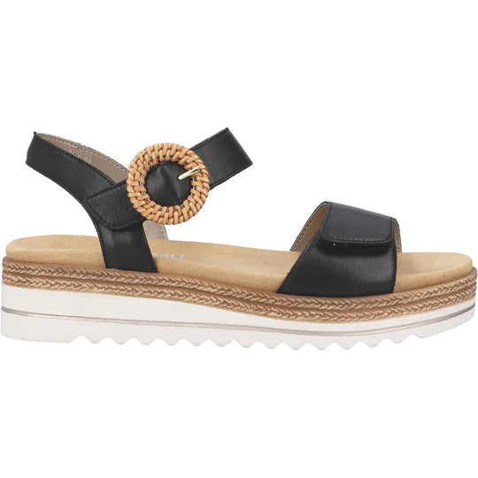 Black platform sandal with a woven buckle detail, adjustable front strap, cushioned insole, and white sole with rope-like trim accents.