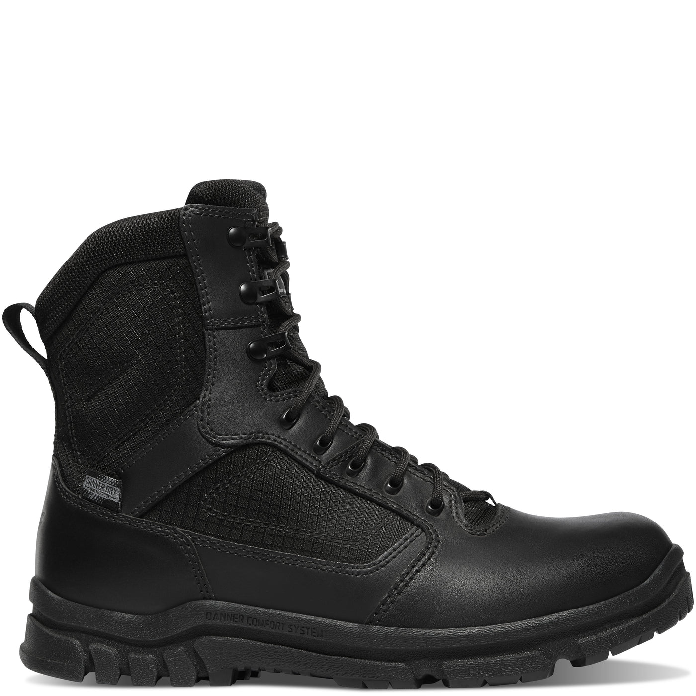 Black 8-inch duty boot with side zipper, leather and ripstop nylon upper, cushioned footbed, slip-resistant outsole, and waterproof Danner Dry lining for all-day comfort and durability.