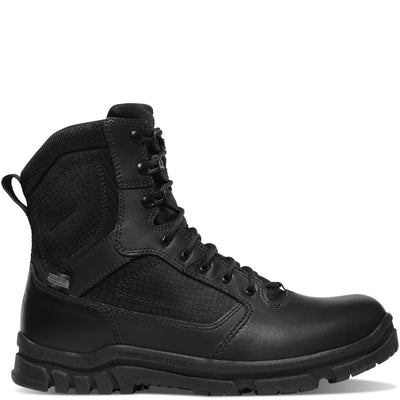 Black 8-inch duty boot with side zipper, leather and ripstop nylon upper, cushioned footbed, slip-resistant outsole, and waterproof Danner Dry lining for all-day comfort and durability.