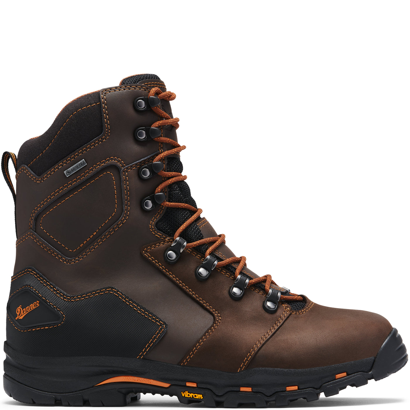 Brown leather 8-inch work boot with orange stitching, GORE-TEX waterproof liner, Vibram slip-resistant outsole, and abrasion-resistant heel built for tough indoor and outdoor jobs.