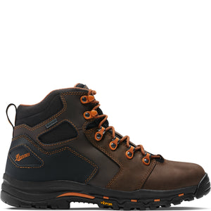 Brown 4.5-inch leather work boot with orange laces and stitching, GORE-TEX waterproof liner, Vibram outsole, and low-profile heel for indoor and outdoor jobsite traction and comfort.