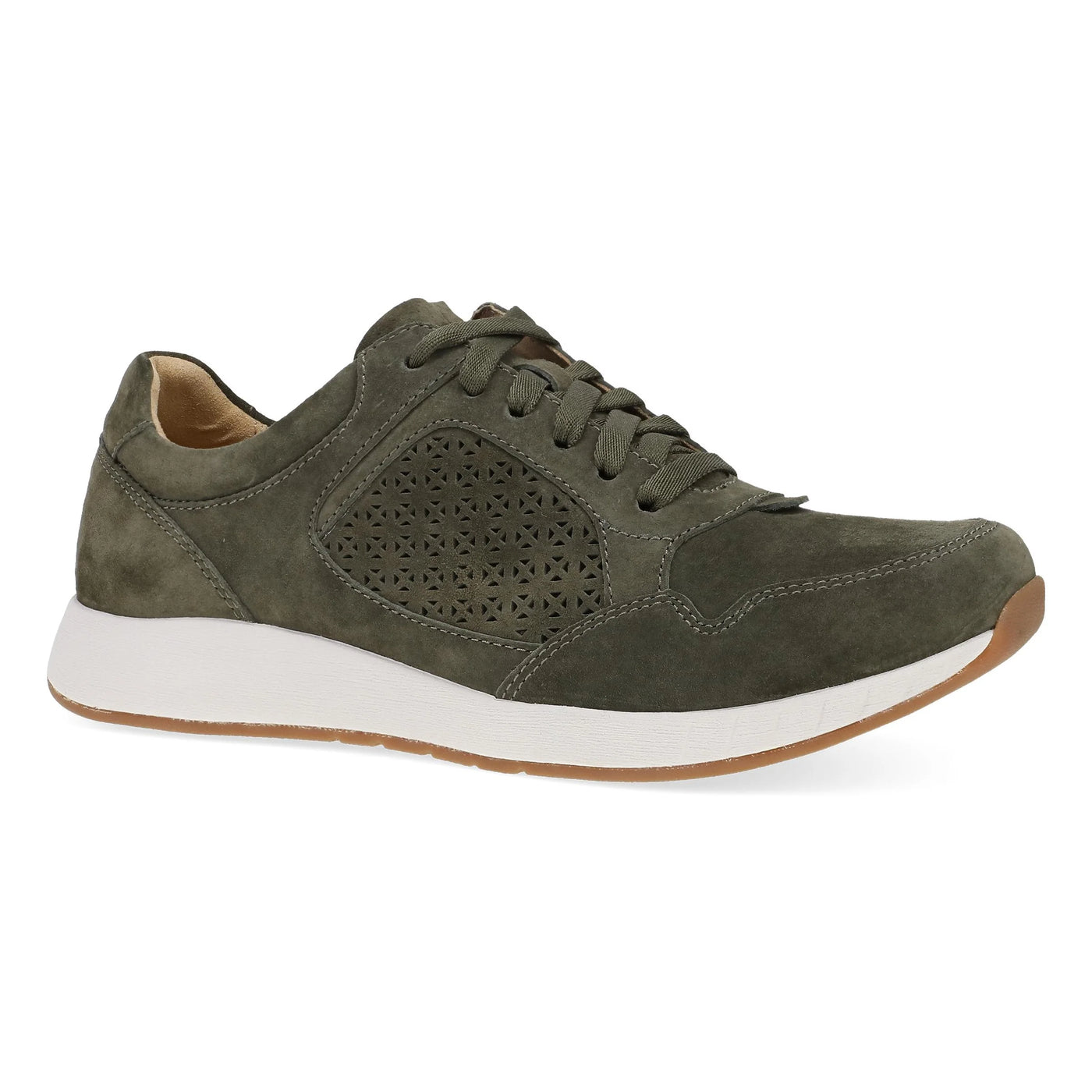 Dansko Catie casual sneaker for women in olive, featuring stain-resistant leather, breathable lining, removable arch-support footbed, and rubber outsole.