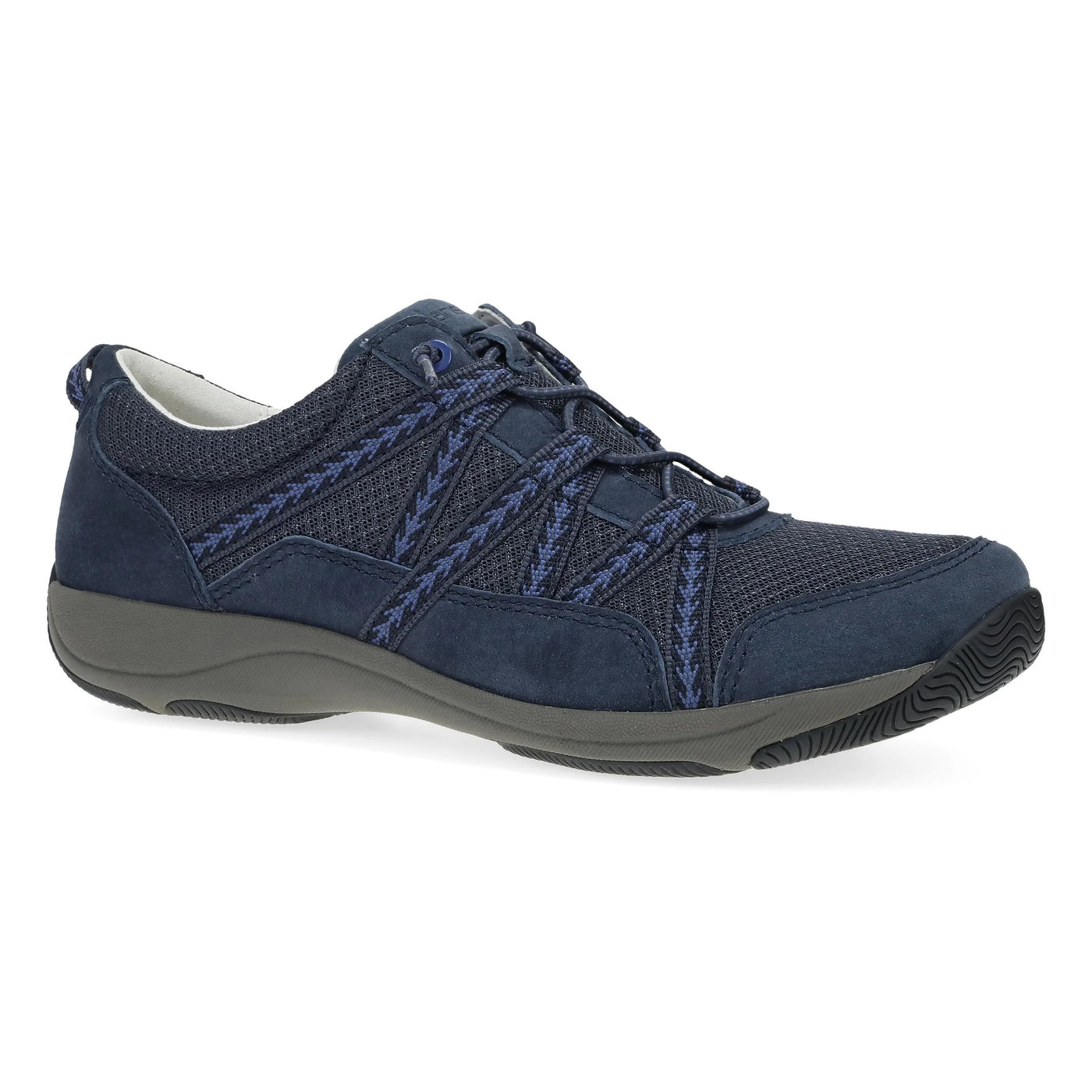 Dansko Women’s Harlyn sneaker in navy suede and mesh with supportive arch footbed, moisture-control lining, and lightweight EVA midsole for all-day comfort.