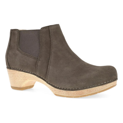 Women’s Dansko Lane boot in Mushroom — minimalist Chelsea style with stain-resistant nubuck, blonde bottom sole, and supportive cushioned insole.