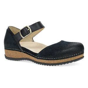 Black leather Mary Jane shoe with adjustable buckle strap, cork and EVA sole, and contrast stitching on a lightweight rubber outsole.