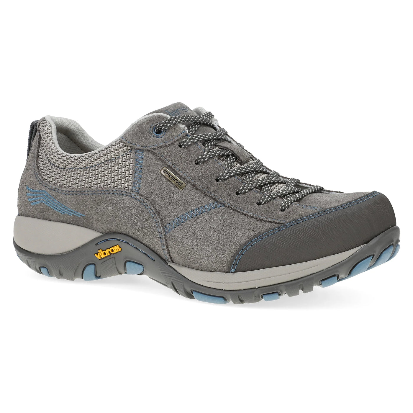 Gray waterproof Dansko Paisley sneaker for women, featuring cushioned EVA arch support, suede upper, and Vibram outsole for hiking and everyday use.