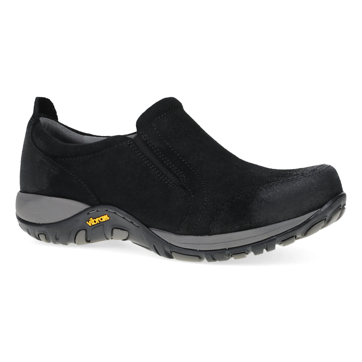 Black burnished Dansko Women’s Pippy waterproof slip-on clog with Vibram outsole, stain-resistant leather, odor-control lining, and triple-density EVA footbed for comfort.