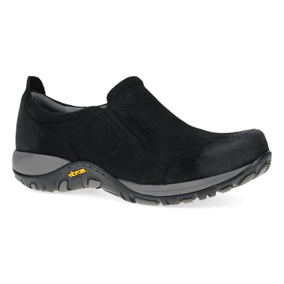 Black burnished Dansko Women’s Pippy waterproof slip-on clog with Vibram outsole, stain-resistant leather, odor-control lining, and triple-density EVA footbed for comfort.