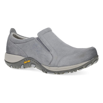 Grey burnished Dansko Women’s Pippy waterproof slip-on clog with Vibram outsole, stain-resistant leather, odor-control lining, and cushioned arch-support footbed.