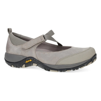 Taupe Mary Jane-style trail shoe with waterproof leather upper, hook-and-loop strap, and Vibram slip-resistant sole for outdoor traction.