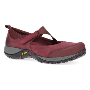 Wine red Mary Jane-style trail shoe with hook-and-loop strap, waterproof leather upper, Vibram rubber outsole, and removable arch-support footbed.
