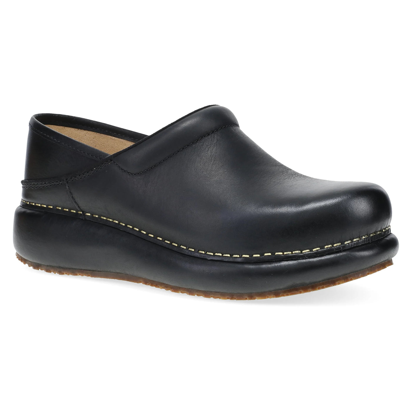 Dansko Pro Cloud Women’s clog in black leather featuring all-day support, dual-density EVA footbed, and slip-resistant outsole.