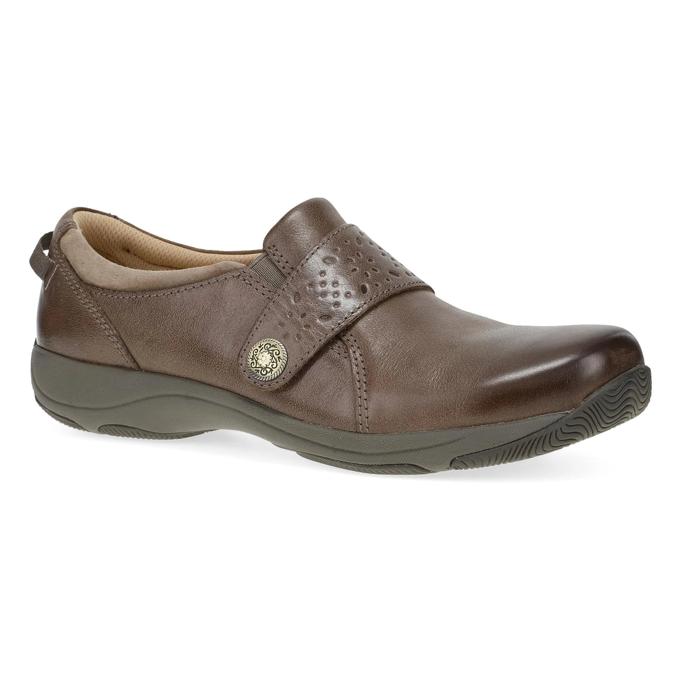 Dansko Women’s Sallie stone leather shoe with hook-and-loop strap, padded uppers, and slip-resistant sole for all-day comfort and support.